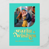 Turquoise & Goud Moderne Retro Kerstfoto Folie Feestdagenkaart (Voorkant)