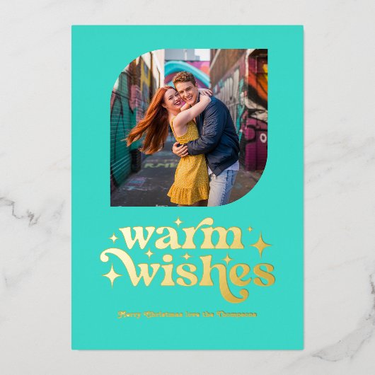 Turquoise & Goud Moderne Retro Kerstfoto Folie Feestdagenkaart (Voorkant)