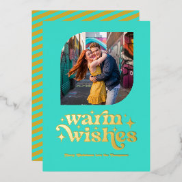 Turquoise & Goud Moderne Retro Kerstfoto Folie Feestdagenkaart