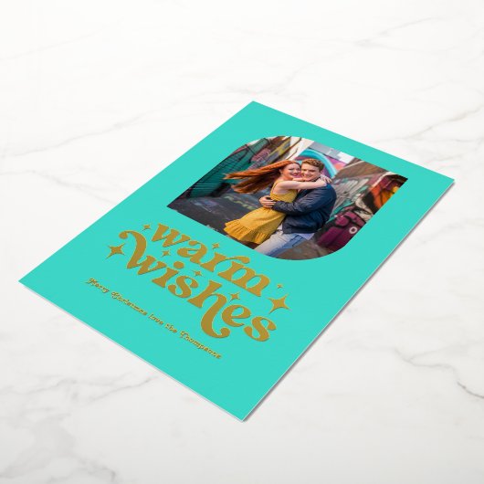 Turquoise & Goud Moderne Retro Kerstfoto Folie Feestdagenkaart (Gedraaid)