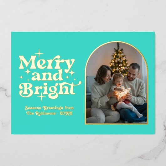 Turquoise & Goud Moderne Retro Kerstfoto Folie Feestdagenkaart (Voorkant)