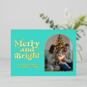 Turquoise & Goud Moderne Retro Kerstfoto Folie Feestdagenkaart (Staand Voorkant)