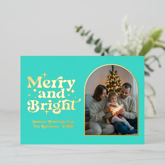 Turquoise & Goud Moderne Retro Kerstfoto Folie Feestdagenkaart (Staand Voorkant)