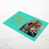 Turquoise & Goud Moderne Retro Kerstfoto Folie Feestdagenkaart (Gedraaid)