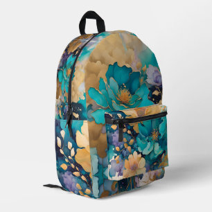 Turquoise Goud Paars Marineblauw Aquarel Bloemen Bedrukte Rugzak