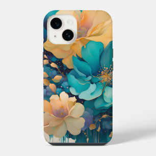 Turquoise Goud Paars Marineblauw Aquarel Bloemen iPhone 14 Hoesje