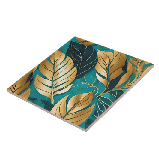 Turquoise Goud Populair Boho Leaves Collectie Tegeltje (Zijkant)