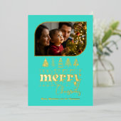 Turquoise & Goud Retro Doodle Kerst Foto Folie Feestdagenkaart (Staand Voorkant)