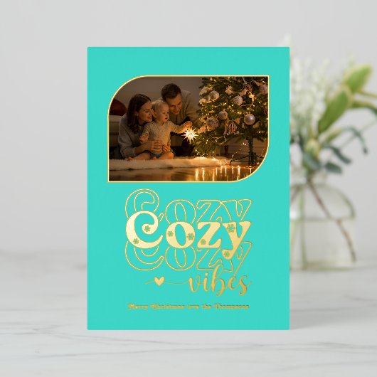 Turquoise & Goud Sfeervolle Retro Kerst Foto Folie Feestdagenkaart (Staand Voorkant)