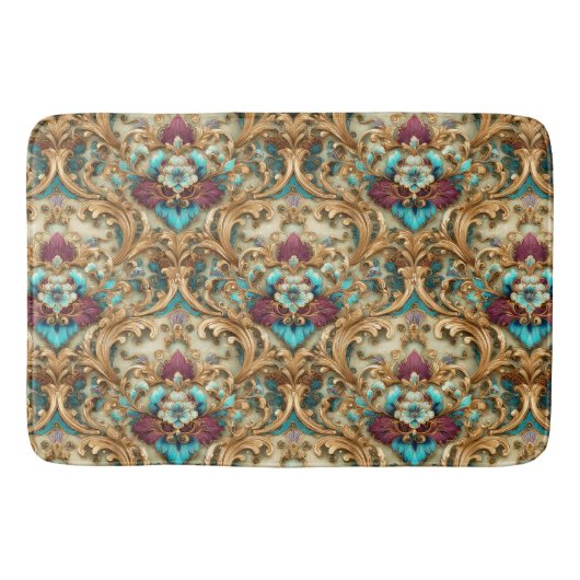 Turquoise & Goud Sierlijke Damast Badmat (Voorkant)
