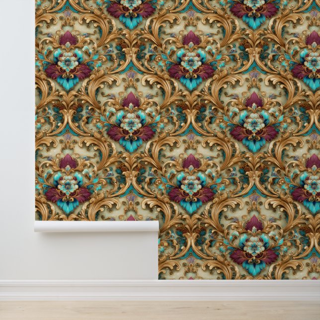 Turquoise & Goud Sierlijke Damast Behang (Applicatie)