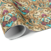 Turquoise & Goud Sierlijke Damast Cadeaupapier (Rol Hoek)