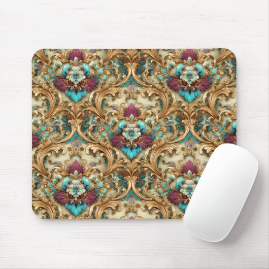 Turquoise & Goud Sierlijke Damast Muismat (Met muis)