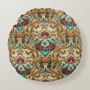 Turquoise & Goud Sierlijke Damast Rond Kussen