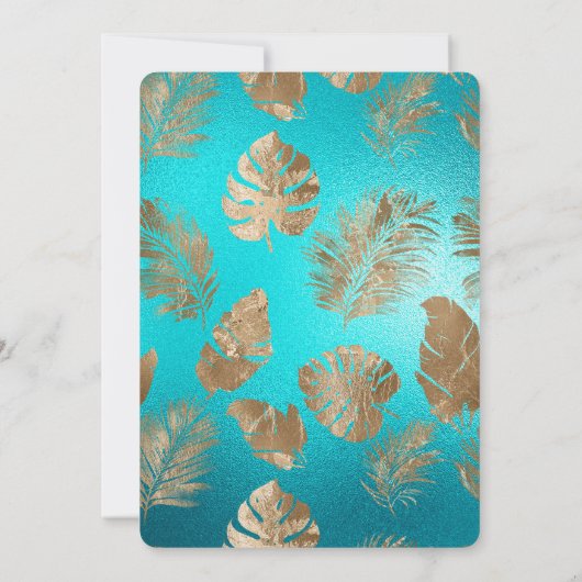 Turquoise Goud Tropische Bladeren Huwelijk Kaart (Achterkant)