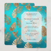Turquoise Goud Tropische Bladeren Huwelijk Kaart (Voorkant / Achterkant)