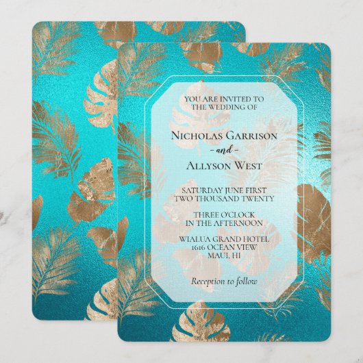 Turquoise Goud Tropische Bladeren Huwelijk Kaart (Voorkant / Achterkant)