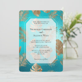 Turquoise Goud Tropische Bladeren Huwelijk Kaart