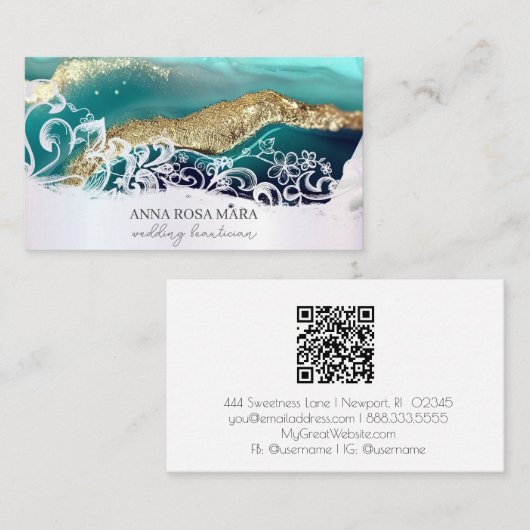 *~* Turquoise Goud Wit QR Agaat AP66 Glam Luxe Visitekaartje (Voorkant / Achterkant)