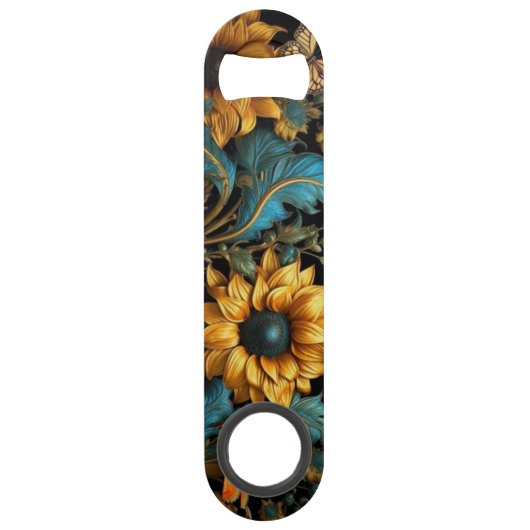 Turquoise, goud, zonnebloemen flesopener speed flessenopener (Achterkant)