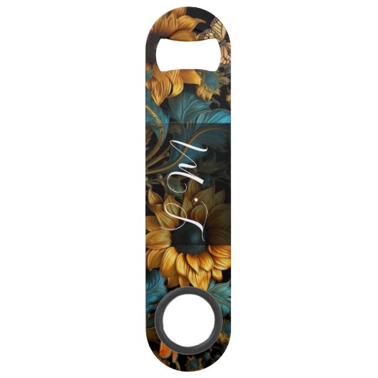 Turquoise, goud, zonnebloemen flesopener speed flessenopener (Voorkant)