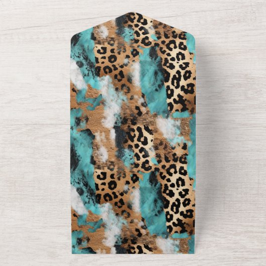 Turquoise goud zwart luipaard bruiloft all in one uitnodiging (Buitenkant)