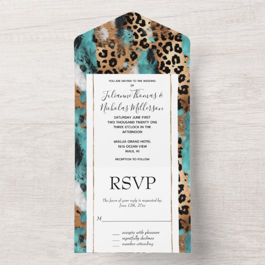 Turquoise goud zwart luipaard bruiloft all in one uitnodiging (Binnen)