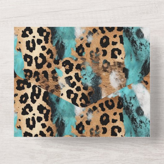 Turquoise goud zwart luipaard bruiloft all in one uitnodiging (Achterkant)