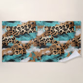 Turquoise Goud Zwart Luipaard Strandlaken (Voorkant)