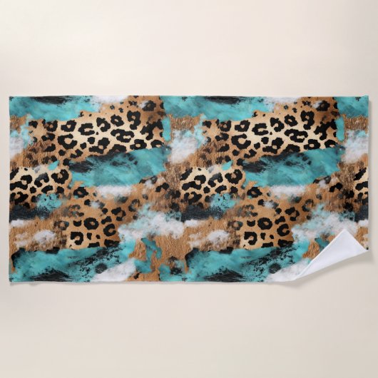 Turquoise Goud Zwart Luipaard Strandlaken (Voorkant)