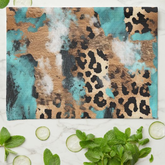 Turquoise Goud Zwart Luipaard Theedoek (Gevouwen)