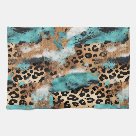 Turquoise Goud Zwart Luipaard Theedoek (Horizontaal)