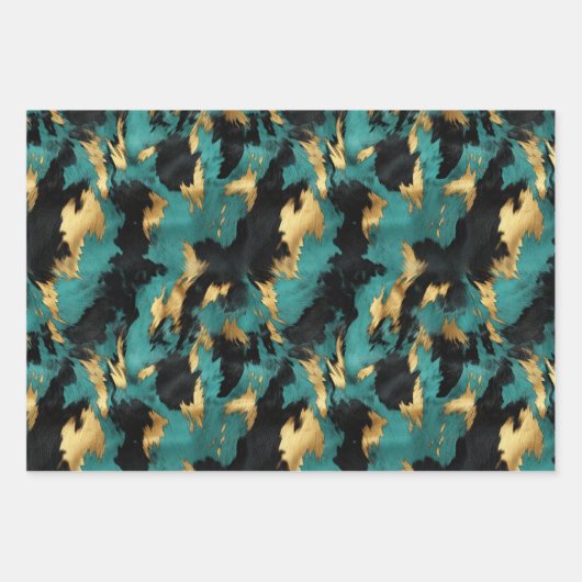 Turquoise goud, zwart wit Koeienhuid Inpakpapier Vel (Voorkant 3)