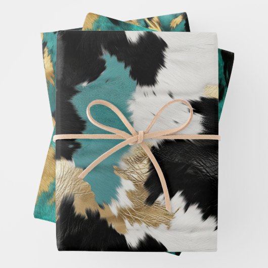 Turquoise goud, zwart wit Koeienhuid Inpakpapier Vel (In situ)