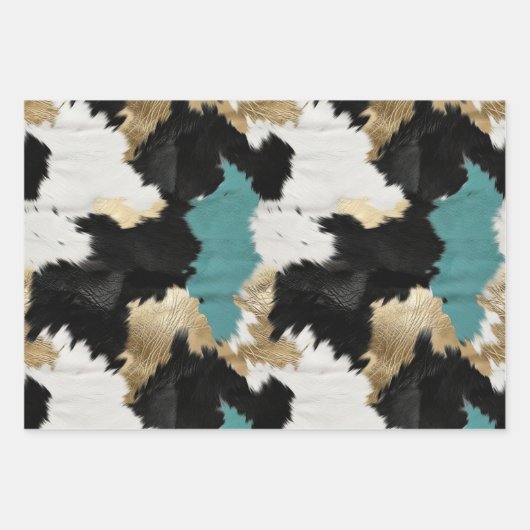 Turquoise goud, zwart wit Koeienhuid Inpakpapier Vel (Voorkant)