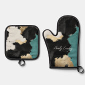 Turquoise goud, zwart wit Koeienhuid Ovenwant & Pannenlap Set (Voorkant)