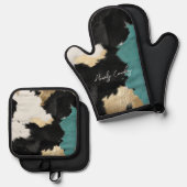 Turquoise goud, zwart wit Koeienhuid Ovenwant & Pannenlap Set (Voorkant / Achterkant)