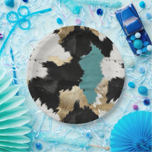 Turquoise goud, zwart wit Koeienhuid Papieren Bordje (Feest)