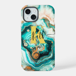 Turquoise Gouden Agaat Aangepaste Moderne Monogram iPhone 15 Case