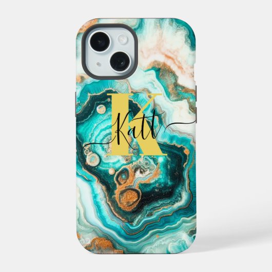 Turquoise Gouden Agaat Aangepaste Moderne Monogram iPhone 15 Case (Achterkant)