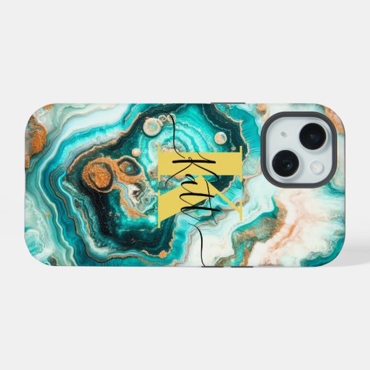 Turquoise Gouden Agaat Custom Modern Monogram iPhone 15 Case (Achterkant horizontaal)