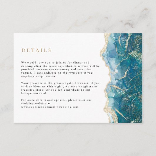 Turquoise gouden agaat moderne bruiloft informatiekaartje (Voorkant)