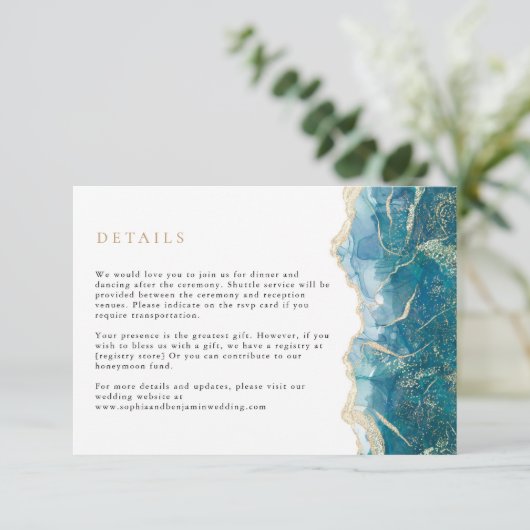 Turquoise gouden agaat moderne bruiloft informatiekaartje (Staand voorkant)