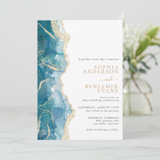 Turquoise gouden agaat moderne bruiloft kaart (Staand voorkant)