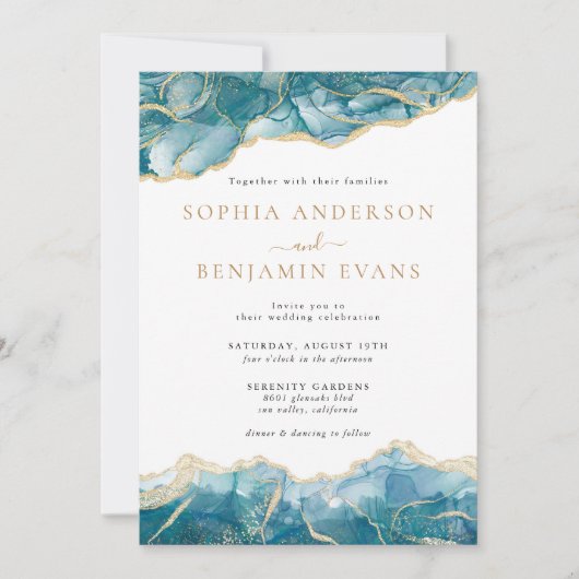 Turquoise gouden agaat moderne bruiloft kaart (Voorkant)
