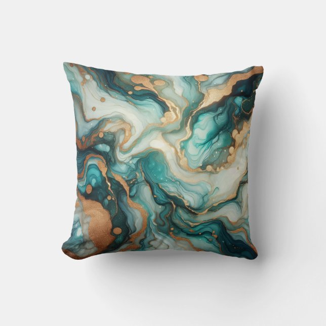 Turquoise + Gouden Alcohol Ink Marmeren Worp Kusse Kussen (Voorkant)