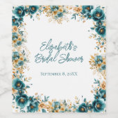 Turquoise Gouden Aquarel Bloem Bruidsdouche Wijn Etiket (Enkel label)