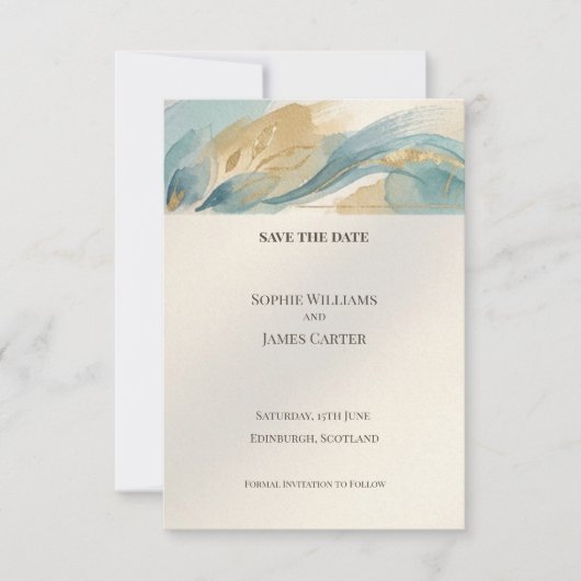 Turquoise Gouden Aquarel Save The Date Kaart (Voorkant)