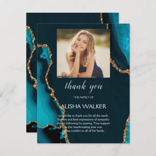 Turquoise & Gouden Begrafenis Memorial Dank u kaar Bedankkaart (Voorkant / Achterkant)