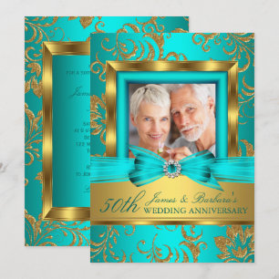 Turquoise Gouden Bloem Foto 50ste Huwelijksjubileu Kaart